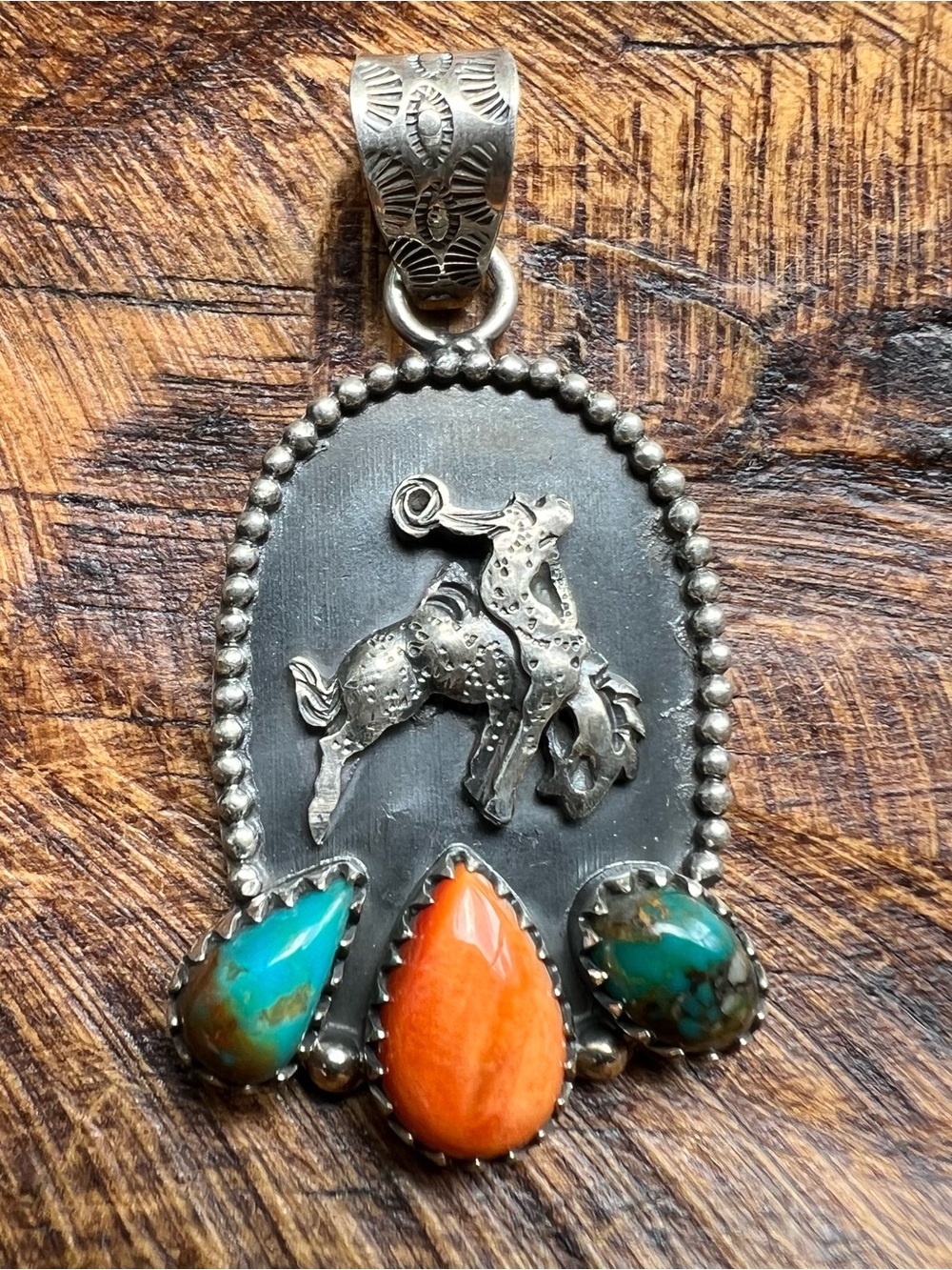 Sterling Silver Kingman Turquoise Spiny Oyster Bucking Bronco Pendant